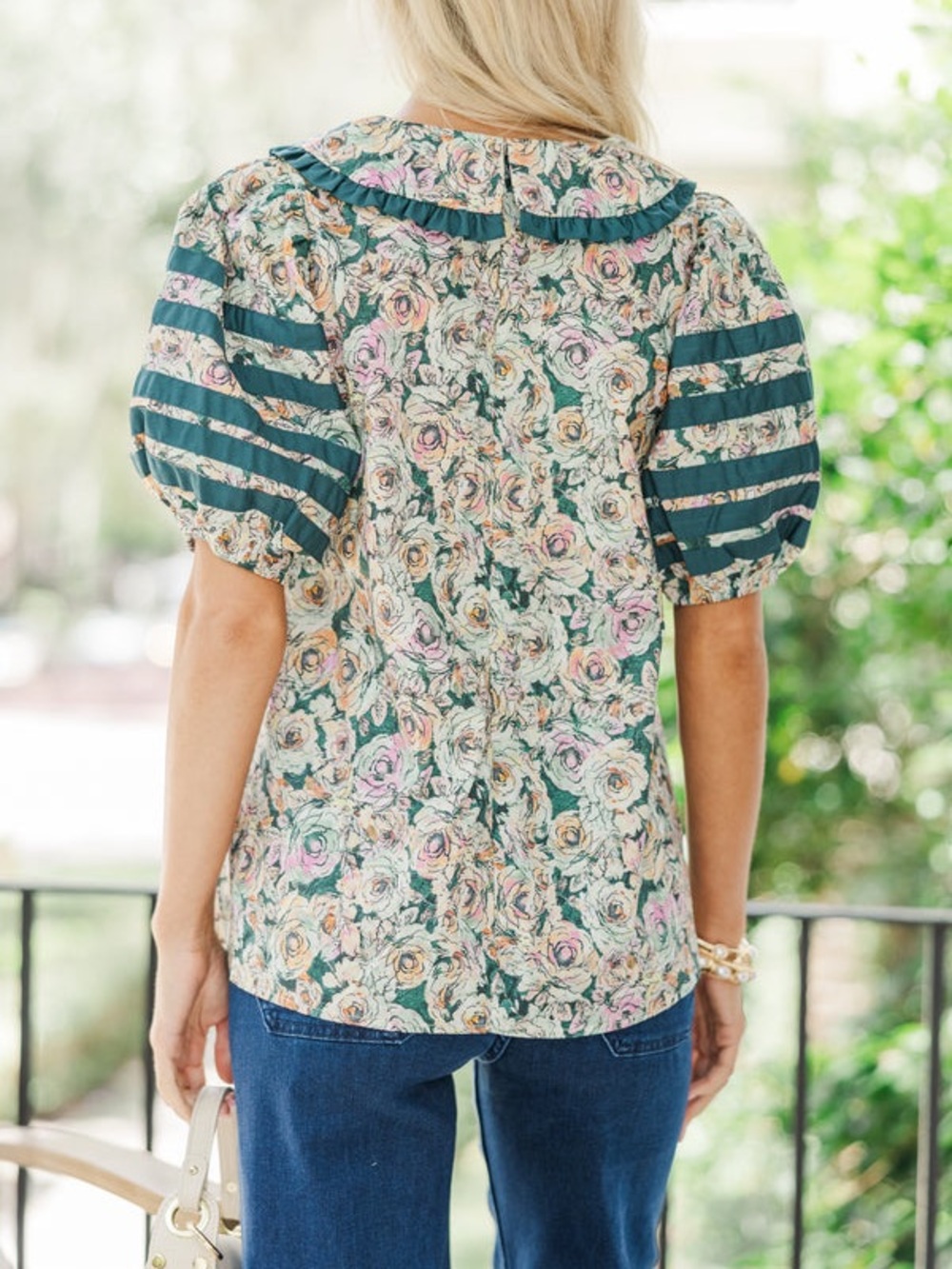 Entro Floral Puff Sleeve Low Collar V-Neck Colorful Blouse Hunter Green L - Picture 5 of 9